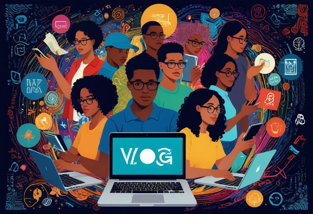 A vibrant digital collage showcasing a diverse group of people engaging with various storytelling mediums, such as blogs on laptops, vlogs on smartphones, and graphic novels. Incorporate elements like a glowing key to symbolize unlocking creativity, surrounded by swirling colorful text and icons representing different content marketing tools. The background should be an abstract blend of digital and traditional storytelling elements, creating a sense of depth and movement. vibrant colors. super-realistic. high contrast.