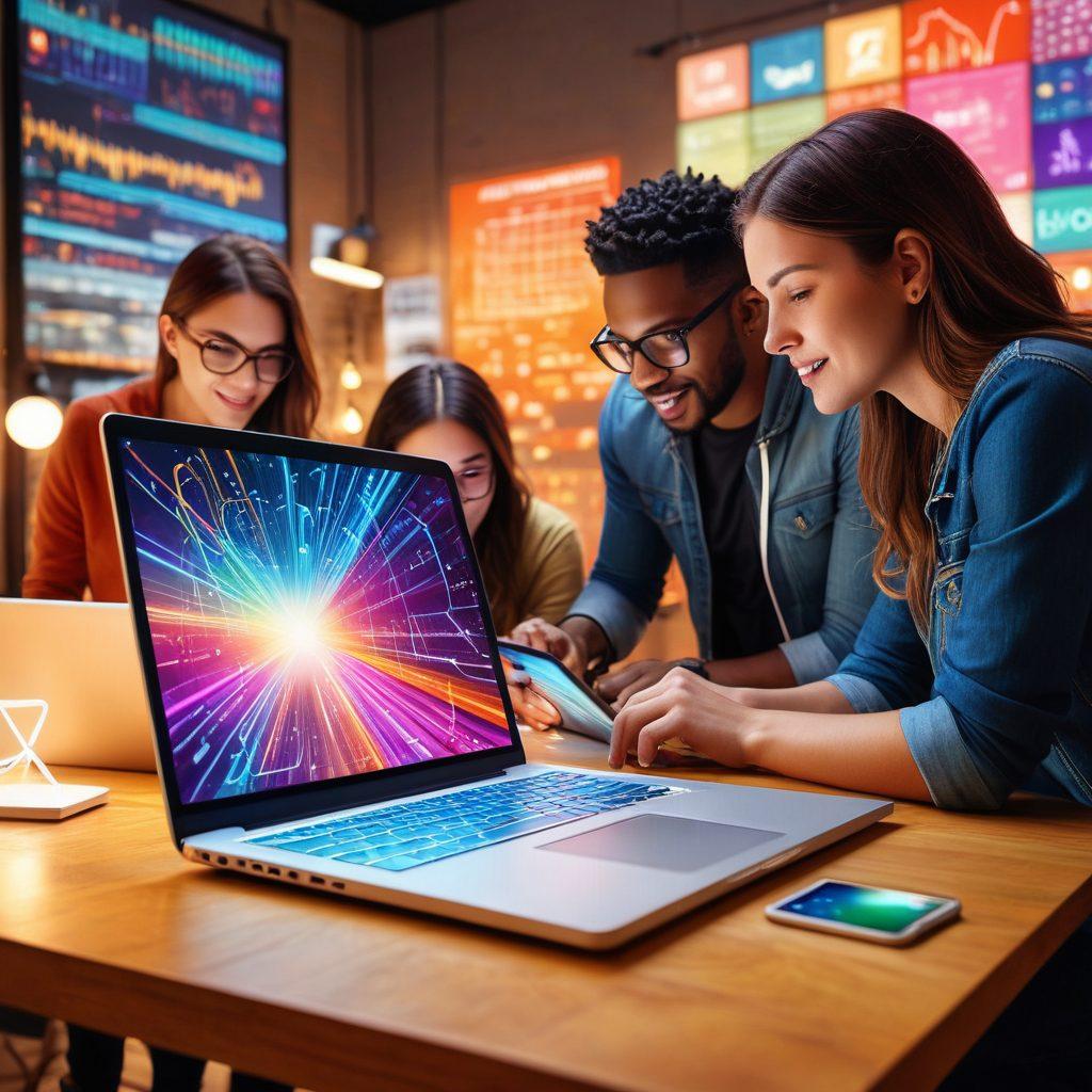 An artistic depiction of a diverse group of digital marketers collaborating around a glowing laptop, surrounded by colorful infographics and social media icons, with a flow of ideas visualized as light trails connecting them. The setting is modern and vibrant, conveying creativity and teamwork. super-realistic. vibrant colors. soft focus.