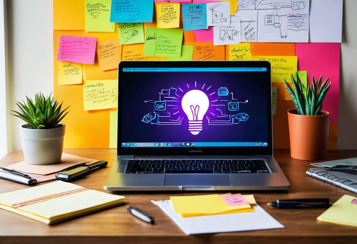 A dynamic workspace featuring a laptop with an open blog post, surrounded by vibrant post-it notes and sketches of content ideas. A cup of coffee sits beside the laptop, symbolizing creativity and productivity. A glowing light bulb above signifies innovation in content strategies. The background is filled with abstract shapes representing growth and success. super-realistic. vibrant colors. modern design.